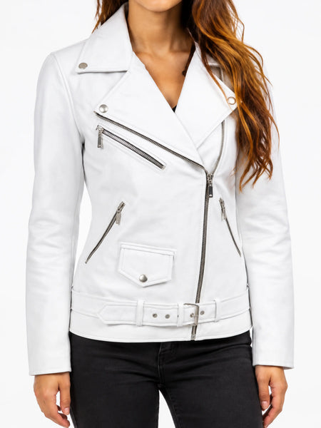 Womens Lambskin White Leather Jacket Stylish Moto Biker Bride Wedding Coat - standardized hero