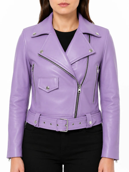 Womens Lavender Leather Cropped Motor Bolero Shrug Style Biker Jacket - standardized hero
