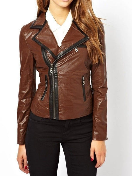 Noora Women's Light Brown Leather Jacket with Black Border ST0282 — standardized studio hero
