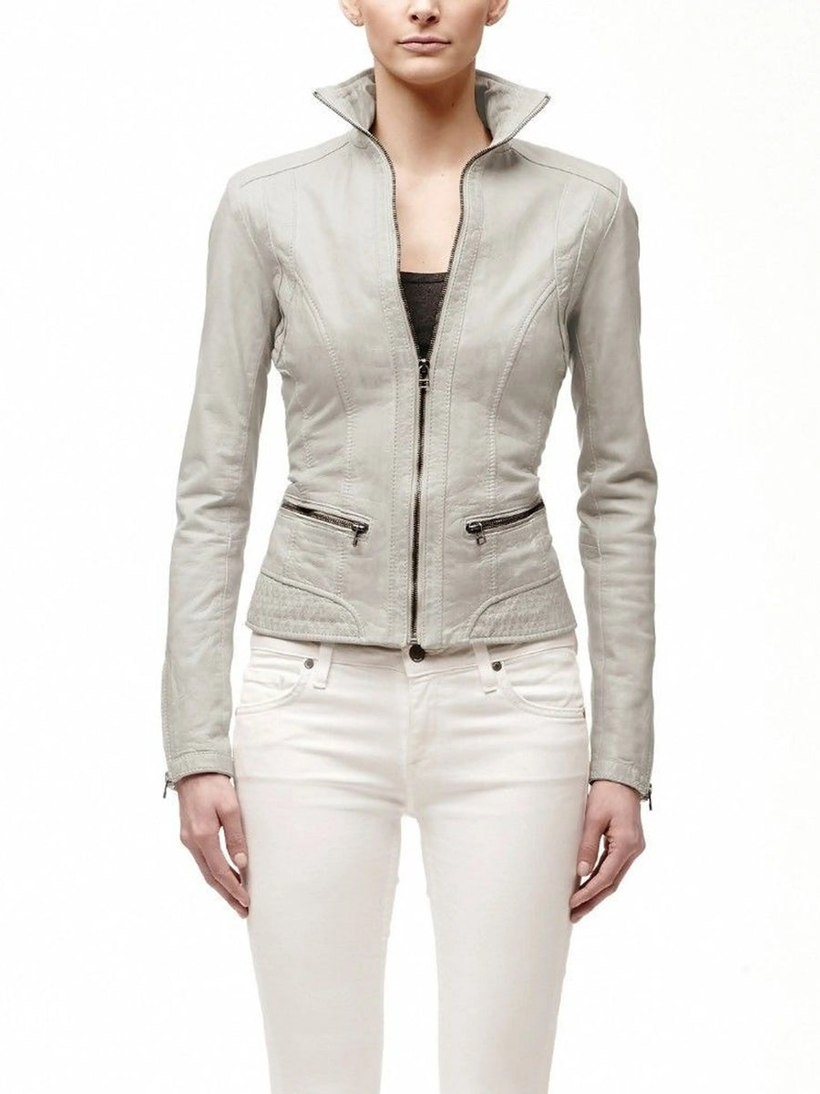 Women's Light Grey fitted Lambskin Leather Jacket, Classic Motorcycle Slim fit Jacket