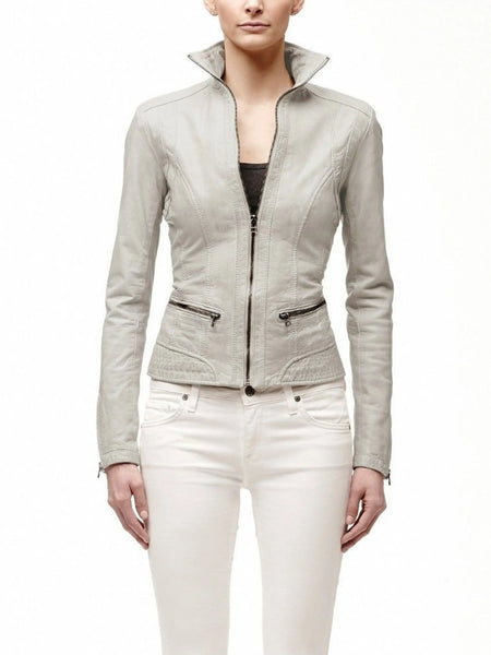 Noora Women's Light Grey fitted Lambskin Leather Jacket | Classic Handmade Motorcycle Slim fit Jacket | Gift for Her  ST0318 — standardized studio hero