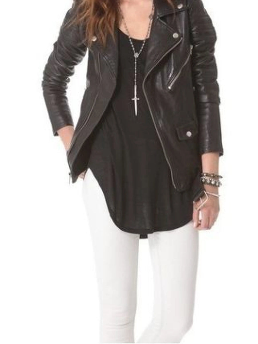 Women's Long Black Biker leather jacket with belt