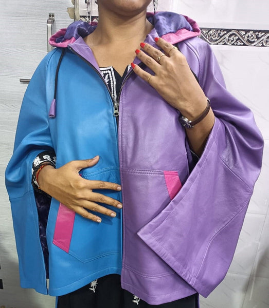 Women's Multi-Color Blue, Pink & Lavender Leather Poncho Coat - Noora International