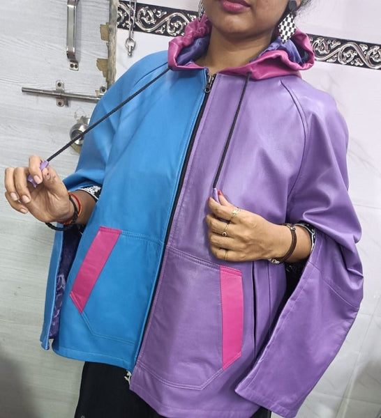 Women's Multi-Color Blue, Pink & Lavender Leather Poncho Coat - Noora International