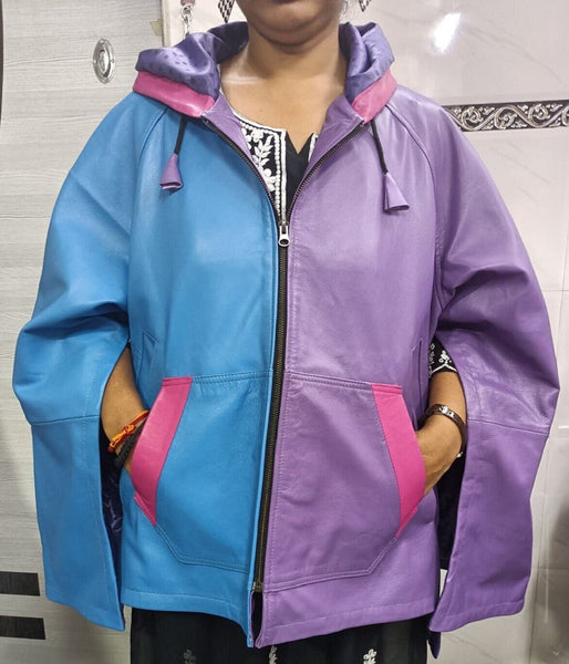 Women's Multi-Color Blue, Pink & Lavender Leather Poncho Coat - Noora International