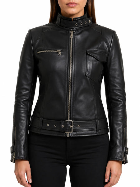 Women's New Style Black Motorcycle Leather Jacket Handmade Slim Fit Racer - standardized hero