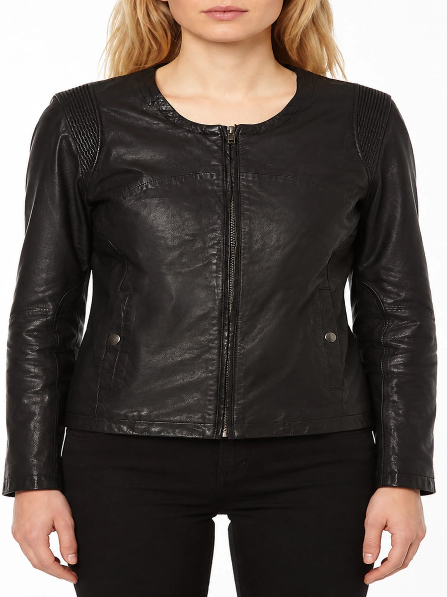 Women's No-Zipper Black Motorcycle Leather jacket