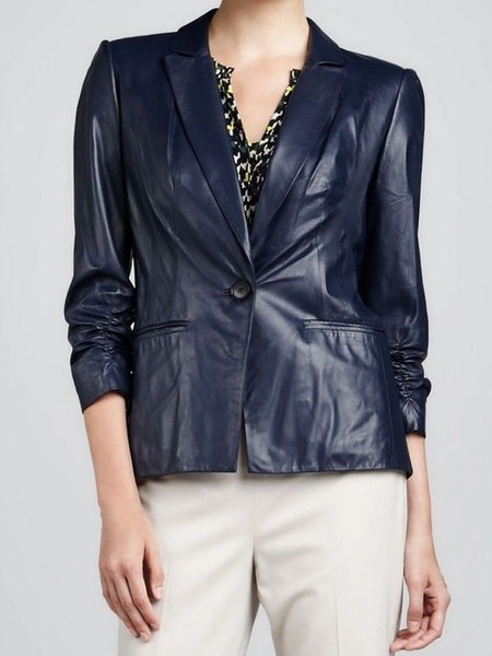Noora New Women's/Girls Lambskin Leather Navy Blue Motorcycle café Racer, Ladies Office Blazer/Coat, Lapel Collared With Button YK11 — standardized leather jacket hero