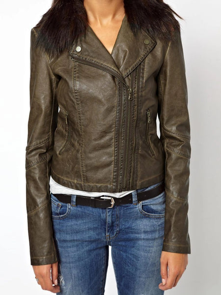 Noora women's rustic brown leather Biker jacket with fur collar ST0271 — standardized studio hero