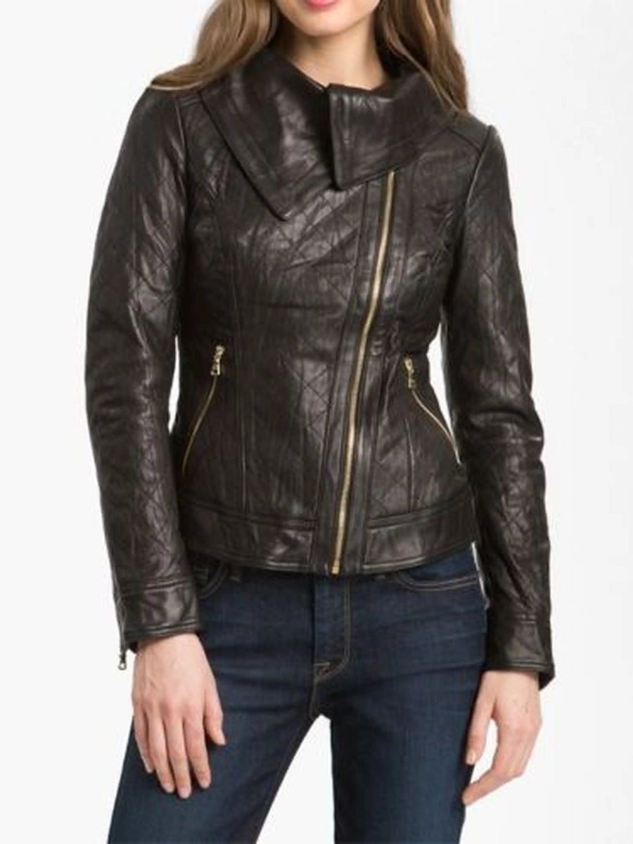Women's rustic brown roll collar Biker leather jacket