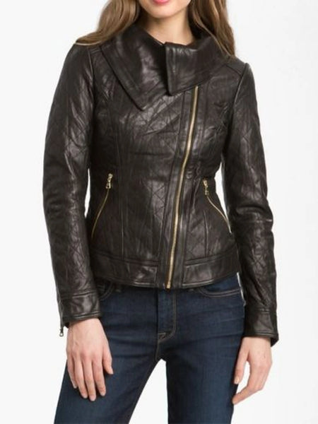 Noora women's rustic brown roll collar Biker leather jacket ST0266 — standardized studio hero