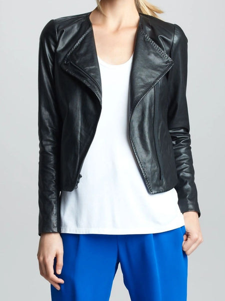 Noora women's simple black Biker leather jacket ST0314 — standardized studio hero