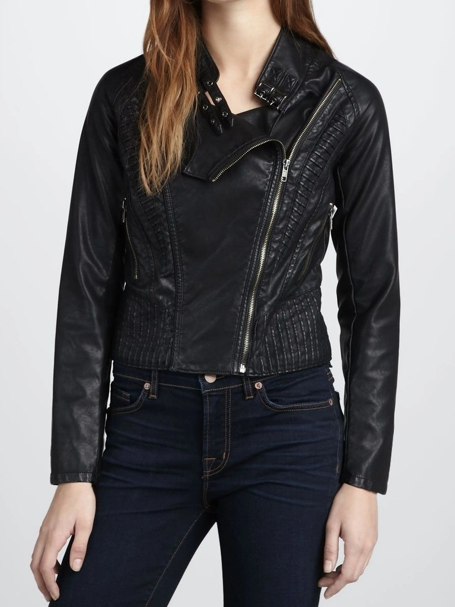 Women's simple black Biker motorcycle Leather jacket