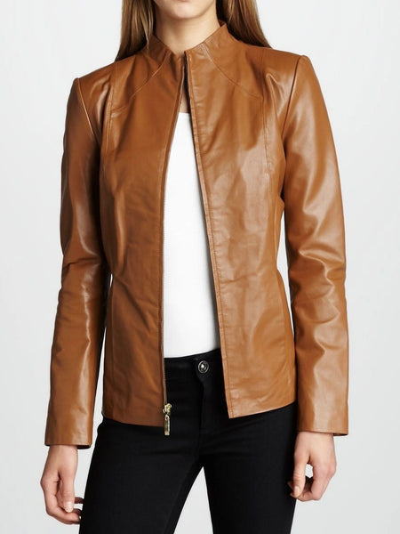 Noora women's simple fitted bronze leather jacket ST0320 — standardized studio hero