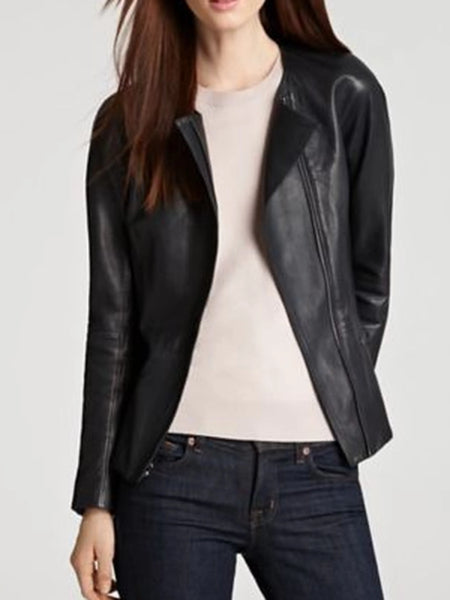 Noora Women’s solid black colour Motorcycle leather jacket ST0278 — standardized studio hero