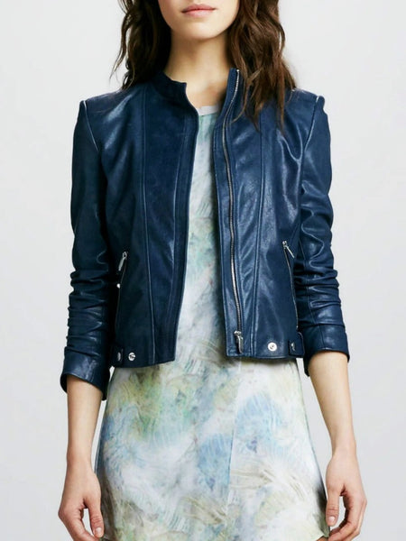 Noora Women & Girls Lambskin Genuine Leather CROPPED Moto Biker BLUE Jacket Slim Fit, Western Style Clubbing Jacket YK07 — standardized hero