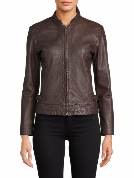 Women’s solid brown biker jacket ST0274 — standardized 2880×3840 hero