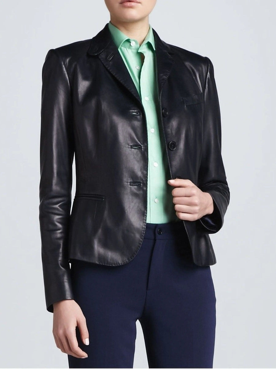 Simple Black Leather Blazer Jacket For women