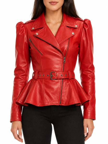 Women's Stylish Red Lambskin Peplum Hem Biker Pleat Flare Jacket with Puff Sleeves - standardized hero