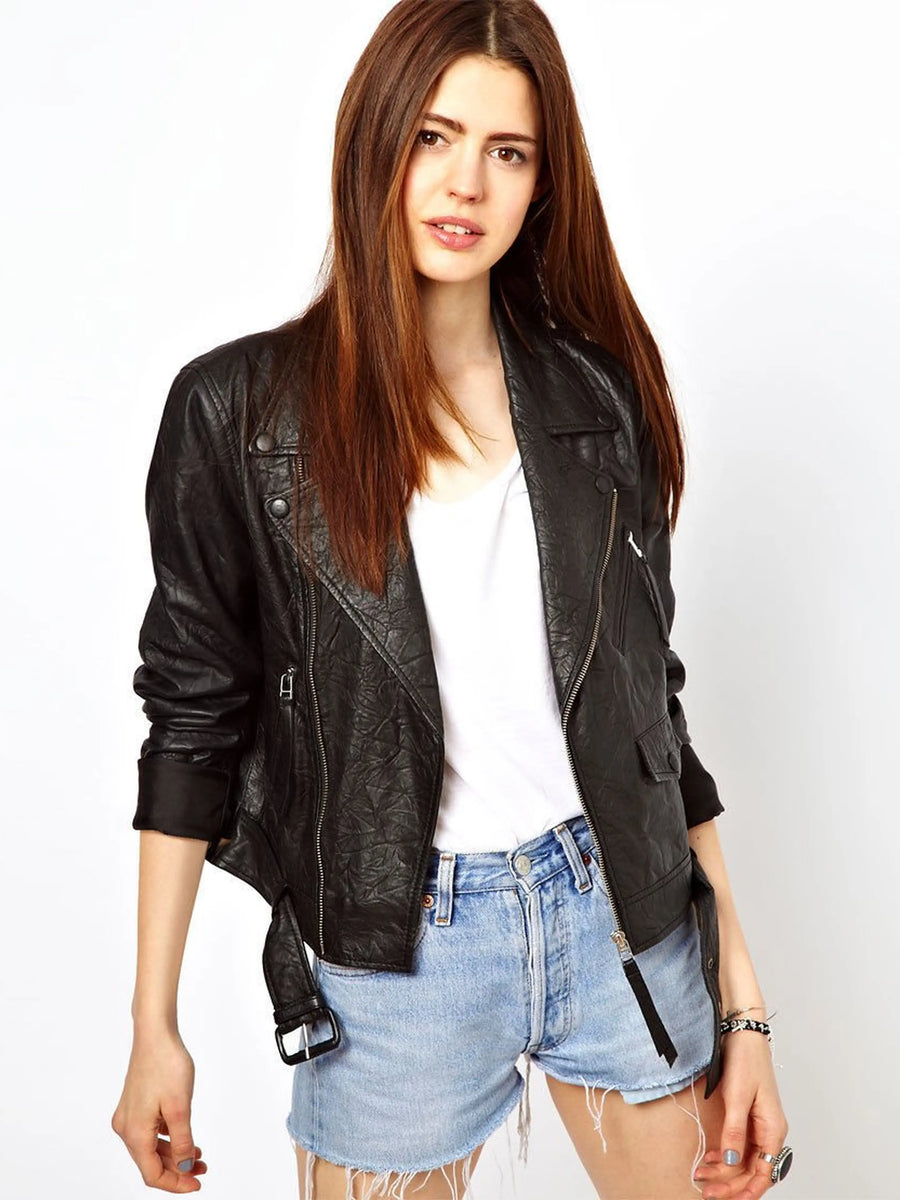 Women's textured black motorcycle leather jacket