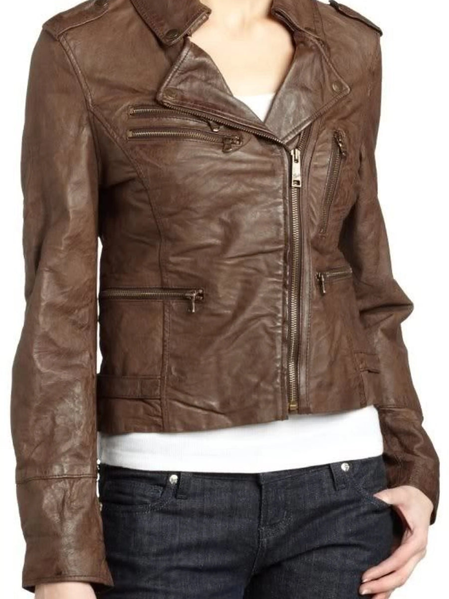 Women's Textured brown Motorcycle leather jacket