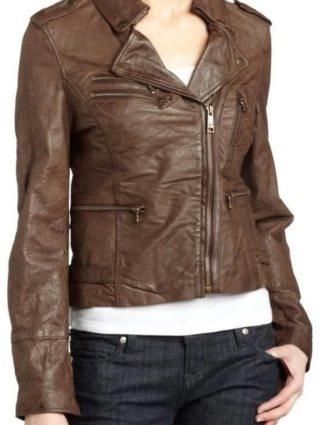 Noora Women's Textured brown Motorcycle leather jacket ST0237 — standardized studio hero