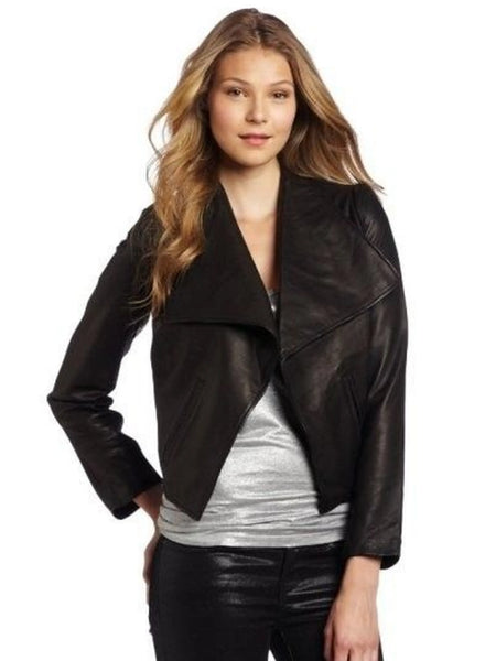 Noora Women's Black Lambskin Leather Jacket with  Wide Collared | Casual Black Outwear Biker Leather Jacket | Birthday Gifts ST0265 — standardized studio hero