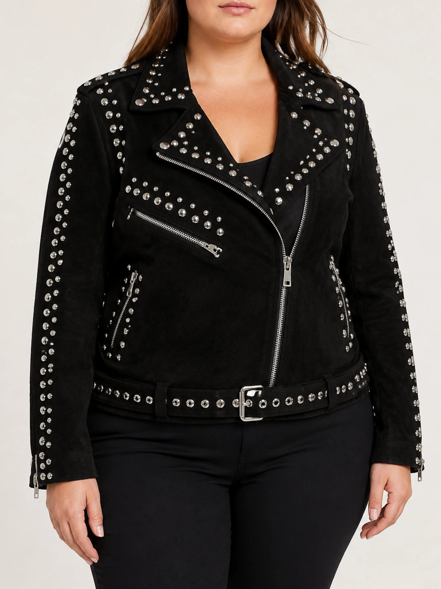 Woman Silver Studded Black Suede Leather Jacket, Steam Punk Biker Leather Jacket, Party Wear Jacket