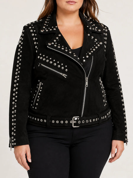 Women's black suede studded biker jacket on a plus-size model, studio hero image