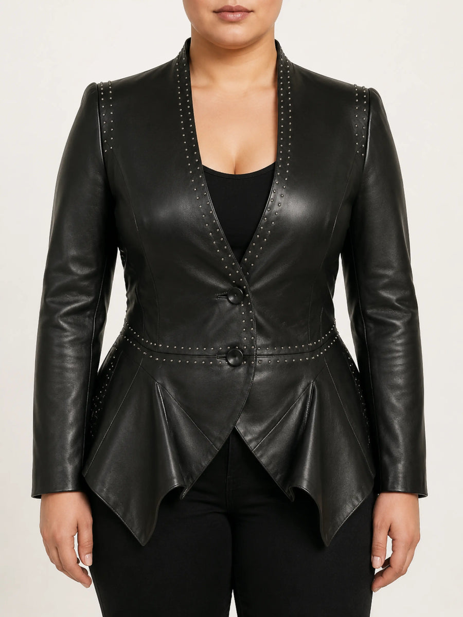 Womens Lambskin Black Leather Blazer, Pleated Fashion Blazer With Metal Design, Slim Fit Retro