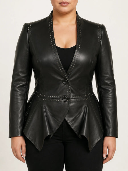 Women's black studded peplum blazer on a plus-size model, studio hero image