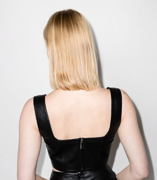 Noora New Designer Women's Lambskin Black Leather Triangle Crop Top Women's Modern Top JS0101