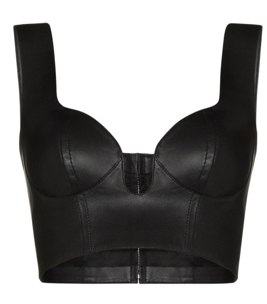 Noora New Designer Women's Lambskin Black Leather Triangle Crop Top Women's Modern Top JS0101