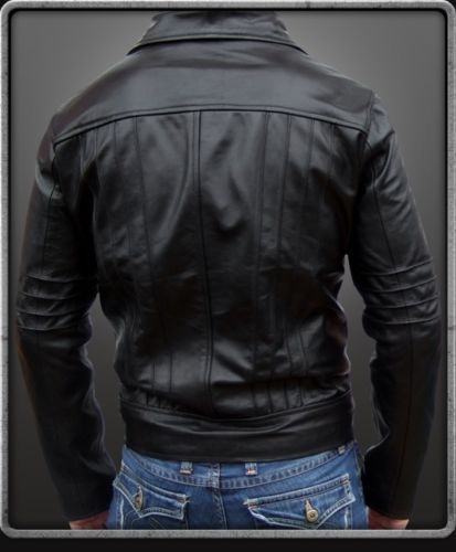 Noora Men’s black leather jacket with collar and detailing