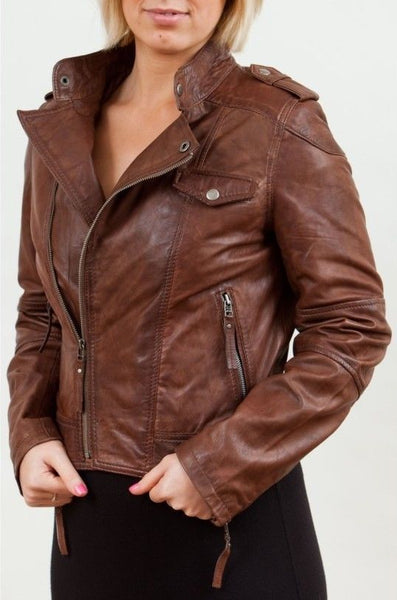 Noora Women’s Lambskin Leather Jacket Brown | Stylish Motorcycle Slim fit Biker Leather Jacket | Gift for her ST0273