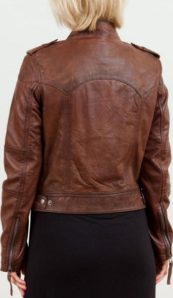 Noora Women’s Lambskin Leather Jacket Brown | Stylish Motorcycle Slim fit Biker Leather Jacket | Gift for her ST0273