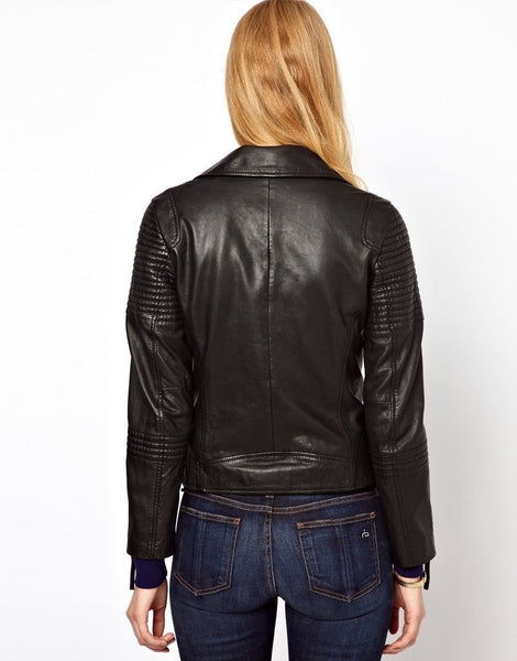 Noora Women's Black Detailed Biker Motorcycle Leather Jacket ST0245