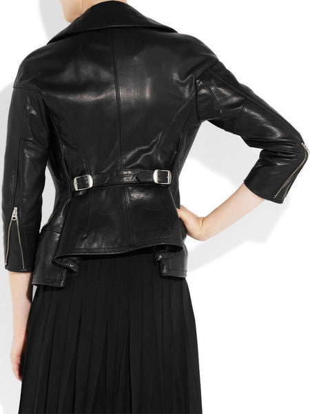 Noora Women's Black Notched collar cinched black Biker Leather jacket ST0233