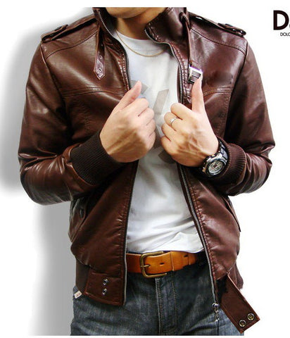 men’s brown leather jacket with belt detailing