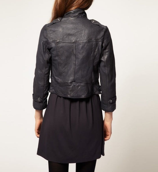Noora Women's Dark grey leather jacket with front pockets ST0241