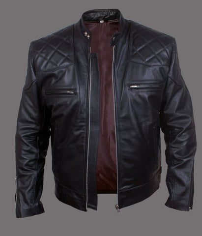 men’s black biker jacket with quilted detail