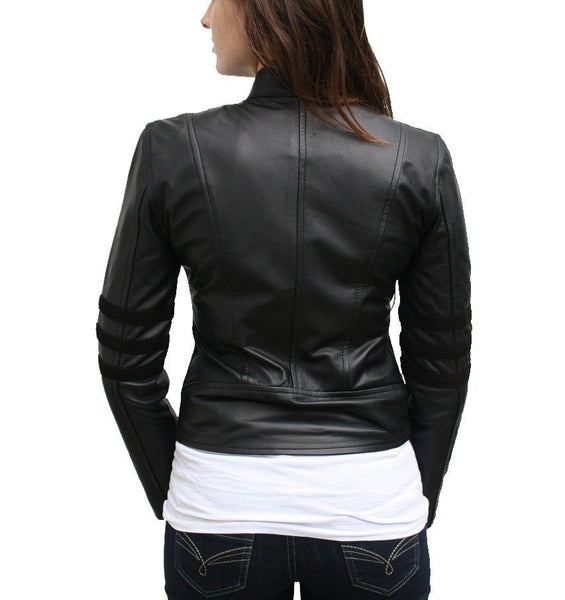 Noora Women's collared black Motorcycle leather jacket with zip pockets ST0240