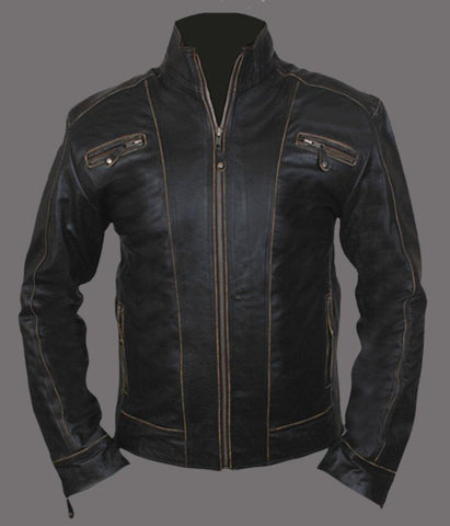 men’s black leather jacket with brown detailing