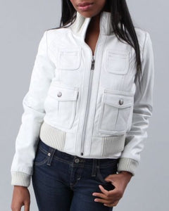 Noora Women's Lambskin Leather Cropped white bomber jacket