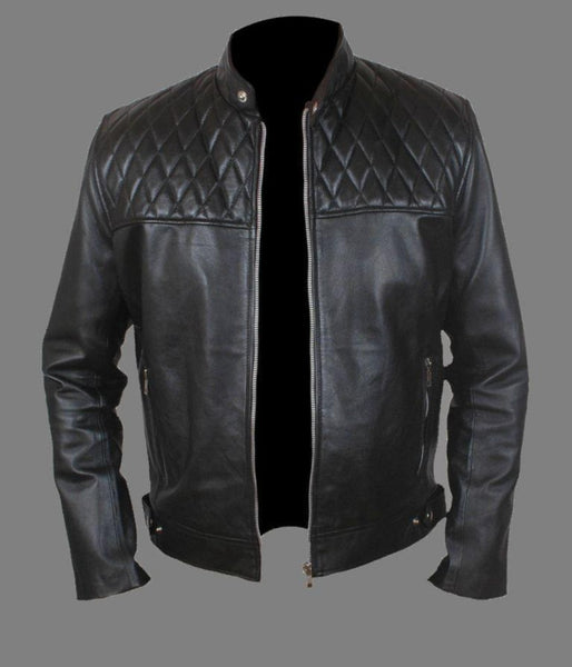 men’s black biker jacket with quilted design