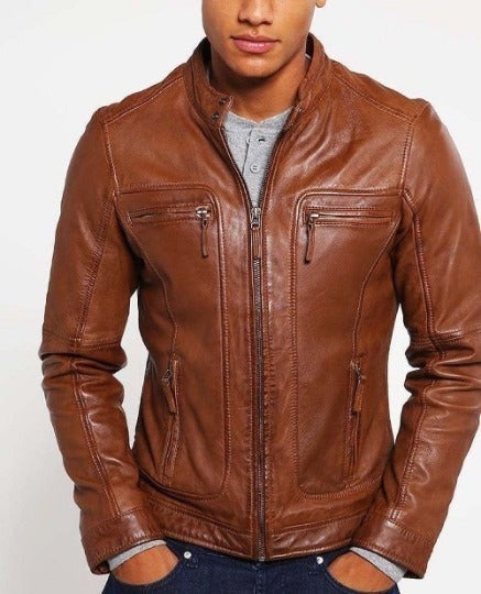 NOORA Lambskin Men's Tan Brown Leather Jacket With Zipper & Pockets | Men's Motorcycle Jacket | Classical Western Jacket ST0133