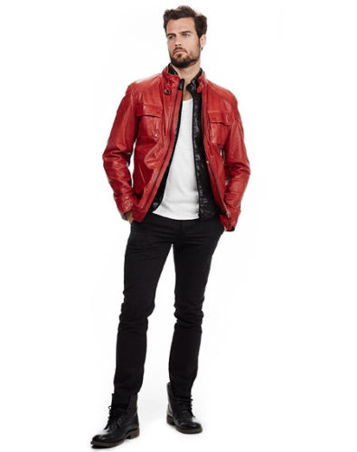 men’s fitted red leather jacket with front pockets - Noora International