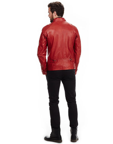 men’s fitted red leather jacket with front pockets - Noora International