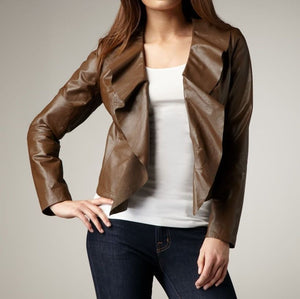 Noora Women's Brown leather jacket with Stylish Collar | No closure Jacket | Front Flare | Designer Party Wear Jacket - BS0960