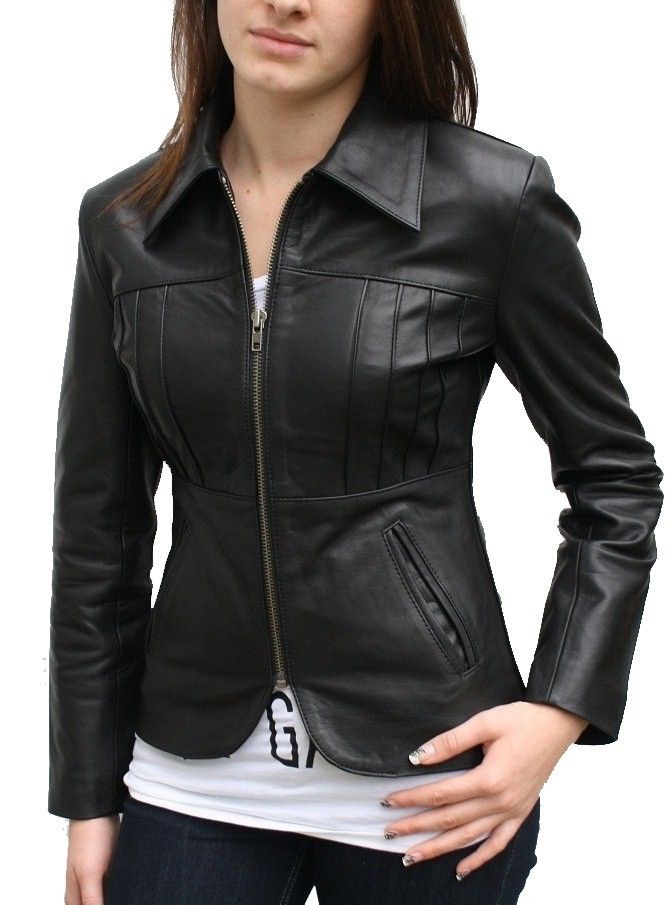 Noora Women's lambskin black fitted leather jacket with winged collar ST0244
